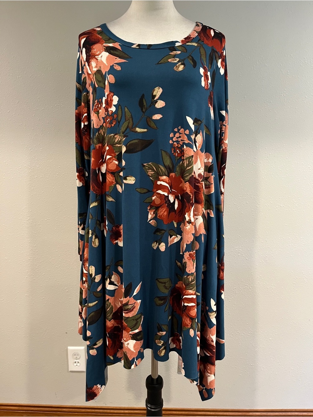 Teal Floral oversized asymmetrical Swing Dress bohemian dress